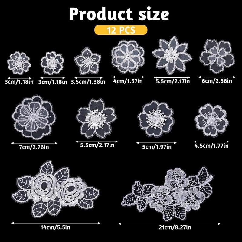 Jeffdad 12 Pcs Flower Lace Embroidered Applique 3D Floral Sew On Patches, for Dress Jeans Sweater Hats Bags Clothes Repairing Decorating Wedding Dress DIY Sewing Craft(White) - Image 2